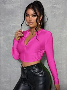 SHEIN SXY Mock Neck Half Zip Crop Top - Hot Pink - View 3