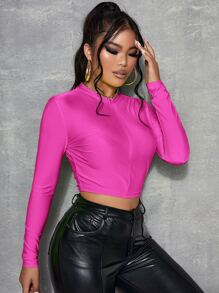 SHEIN SXY Mock Neck Half Zip Crop Top - Hot Pink - View 5