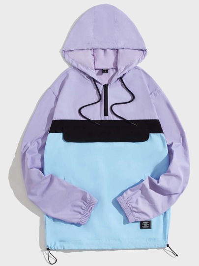 Guys Colorblock Patch Detail Quarter Zip Drawstring Hooded Jacket