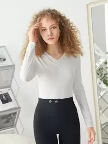 SHEIN 少女編織素色V領T卹，適用於夏季 - 白色 - 查看 1