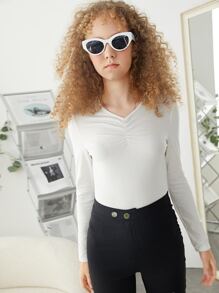 SHEIN 少女編織素色V領T卹，適用於夏季 - 白色 - 查看 3