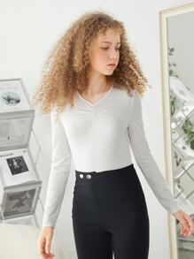 SHEIN 少女編織素色V領T卹，適用於夏季 - 白色 - 查看 5