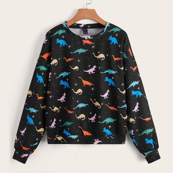 

Dinosaur Print Drop Shoulder Pullover, Multicolor