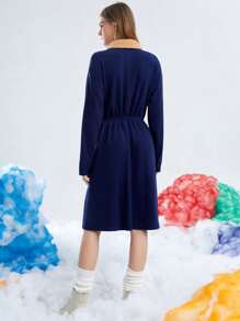 SHEIN Unity Borg Collar Half Zip Velvet Dress - Navy Blue - View 2