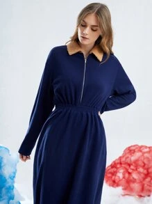 SHEIN Unity Borg Collar Half Zip Velvet Dress - Navy Blue - View 4