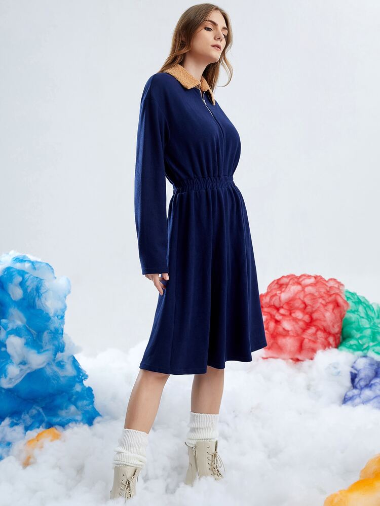 Borg Collar Half Zip Velvet Dress