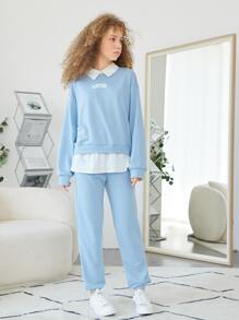 SHEIN Teen Girls Letter Graphic Drop Shoulder 2 In 1 Pullover & Joggers - Baby Blue - View 1