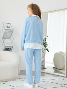 SHEIN Teen Girls Letter Graphic Drop Shoulder 2 In 1 Pullover & Joggers - Baby Blue - View 2