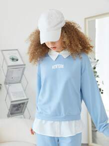 SHEIN Teen Girls Letter Graphic Drop Shoulder 2 In 1 Pullover & Joggers - Baby Blue - View 4