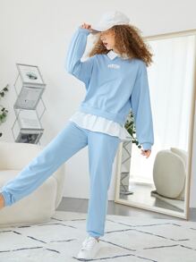 SHEIN Teen Girls Letter Graphic Drop Shoulder 2 In 1 Pullover & Joggers - Baby Blue - View 5