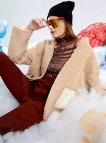 SHEIN Contrast Panel Dual Pocket Drop Shoulder Hooded Teddy Coat - Apricot - View 1