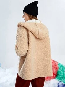 SHEIN Contrast Panel Dual Pocket Drop Shoulder Hooded Teddy Coat - Apricot - View 2