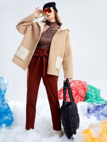 SHEIN Contrast Panel Dual Pocket Drop Shoulder Hooded Teddy Coat - Apricot - View 3