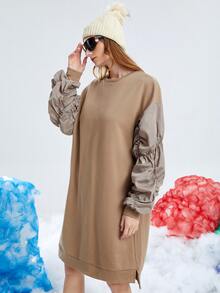 SHEIN Vestido sudadera de manga fruncido de color combinado