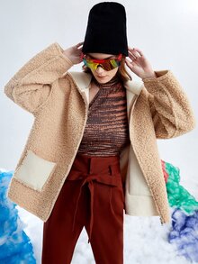 SHEIN Contrast Panel Dual Pocket Drop Shoulder Hooded Teddy Coat - Apricot - View 5