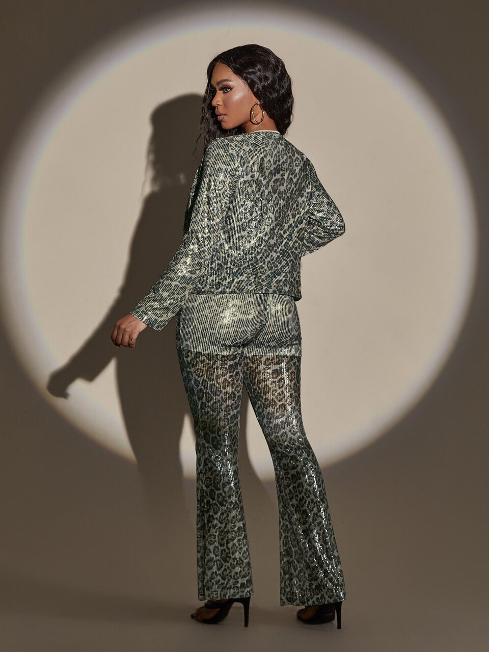 Leopard Print Open Front Sequin Top & Flare Leg Pants Without Camisole