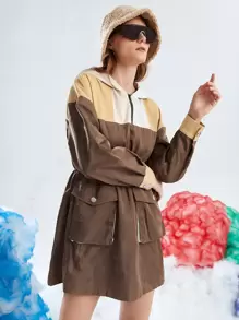 SHEIN EZwear Contrast Panel Drop Shoulder Hooded Dress - Multicolor - View 3