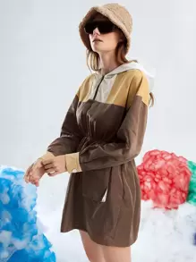 SHEIN EZwear Contrast Panel Drop Shoulder Hooded Dress - Multicolor - View 4