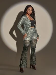 SHEIN Unity 豹紋印花開門襟亮片上衣和喇叭褲不附帶吊帶內搭 - 彩色 - 查看 5