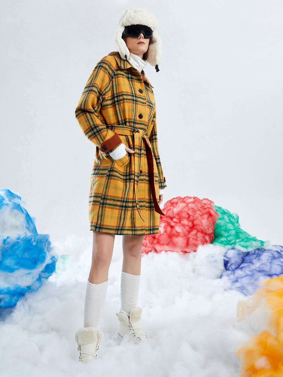 SHEIN EZwear Abrigo con estampado de tartán de manga raglán con cinturón - Multicolor - Ver 1