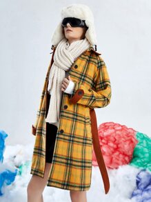 SHEIN EZwear Abrigo con estampado de tartán de manga raglán con cinturón - Multicolor - Ver 3