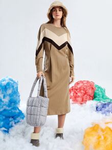 Vestido con estampado de cheurón con diseño fruncido de manga murciélago - Multicolor - Ver 1