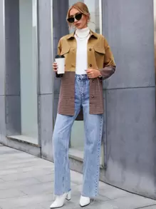 SHEIN LUNE Colourblock Plaid Drop Shoulder 2 In 1 Coat - Multicolor - View 3