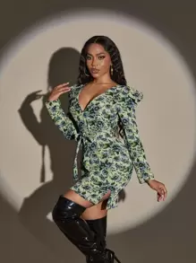 Slaydiva 印花羊腿袖腰帶下擺開叉連衣裙 - 彩色 - 查看 1