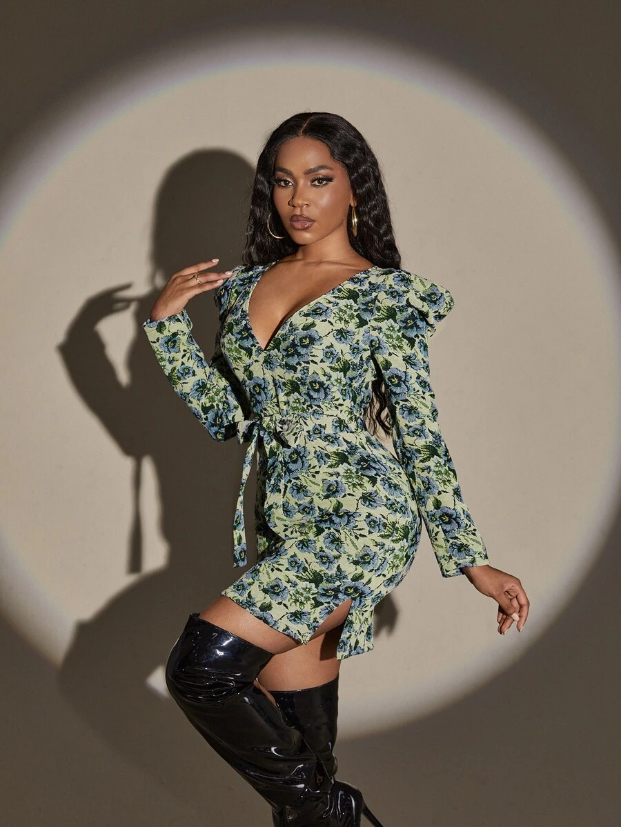 Slaydiva 印花羊腿袖腰帶下擺開叉連衣裙 - 彩色 - 查看 1