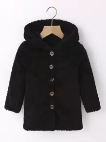 Young Girl Long Sleeve Hooded Solid Double-Sided Fleece Autumn Winter Jacket, Cute Simple Versatile Warm Sporty Outerwear - Black - View 1