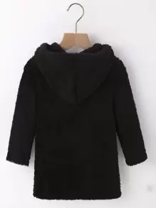 Young Girl Long Sleeve Hooded Solid Double-Sided Fleece Autumn Winter Jacket, Cute Simple Versatile Warm Sporty Outerwear - Black - View 2