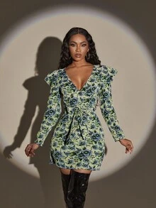 Slaydiva 印花羊腿袖腰帶下擺開叉連衣裙 - 彩色 - 查看 5