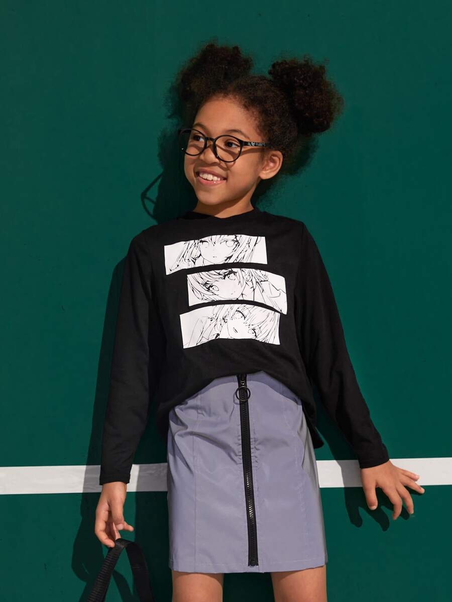 SHEIN Girls Figure Graphic Tee - Black - View 1