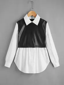SHEIN Cô gái Tween Hai âm chất liệu da PU Bảng Áo 2 trong 1 - Đen và trắng - Xem 1