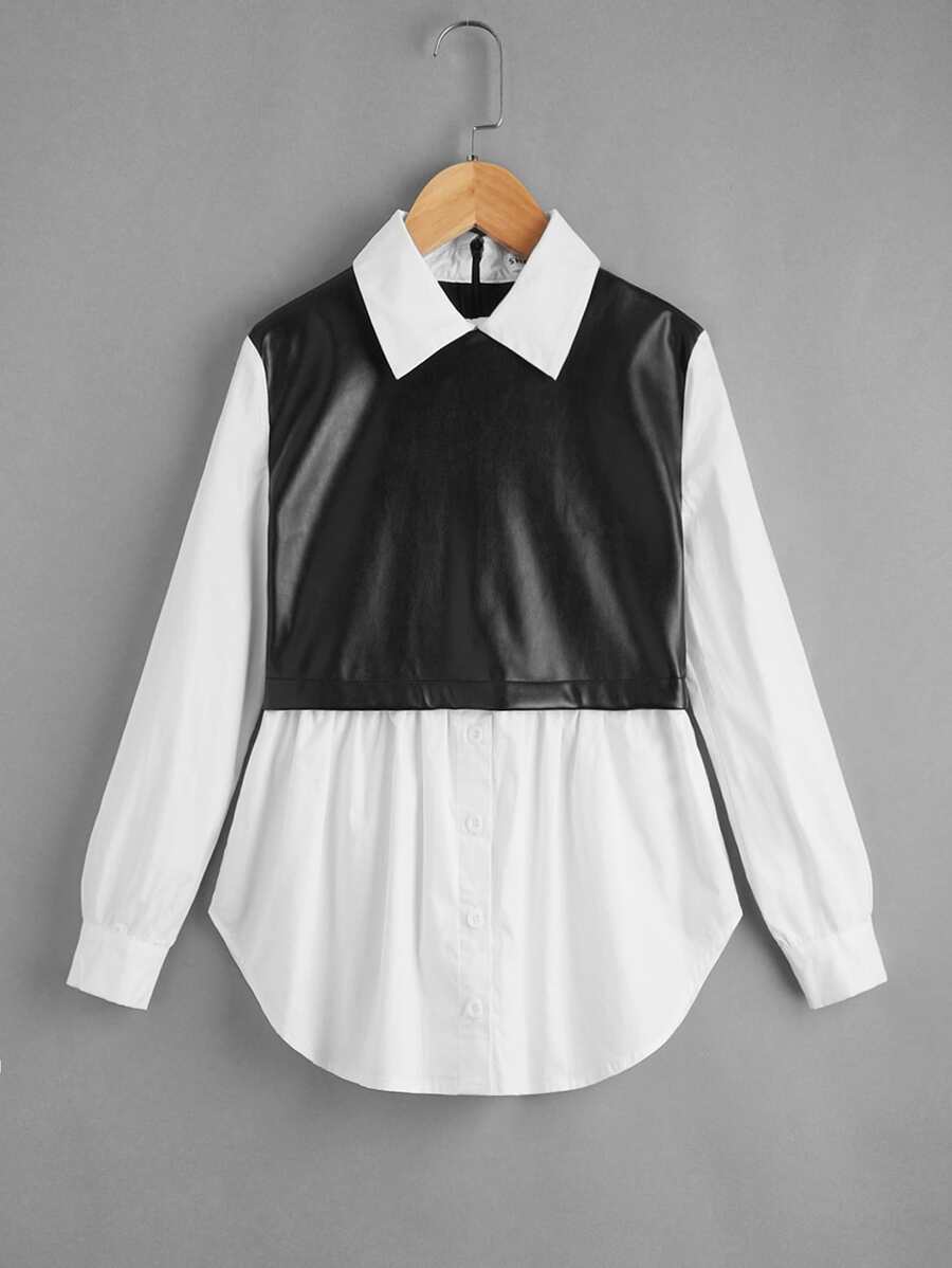 SHEIN Cô gái Tween Hai âm chất liệu da PU Bảng Áo 2 trong 1 - Đen và trắng - Xem 1
