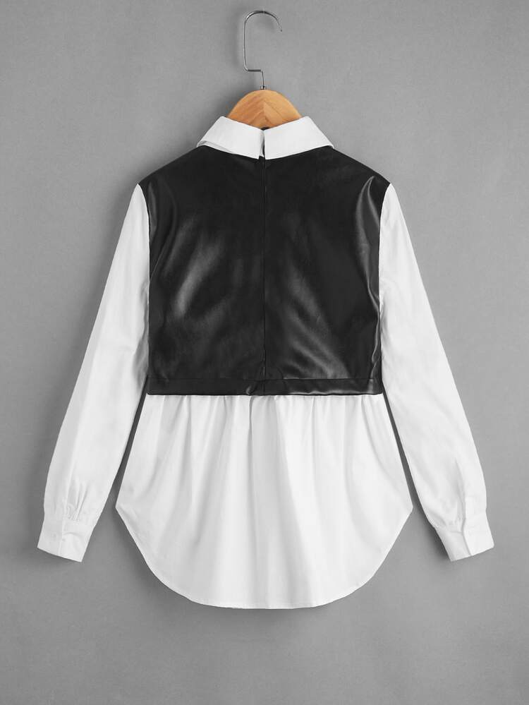 Tween Girl Two Tone PU Leather Panel 2 In 1 Blouse