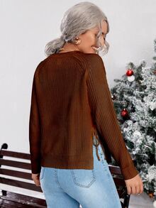 Tie Side Slit Hem Raglan Sleeve Jumper - Camel - View 2