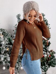 Tie Side Slit Hem Raglan Sleeve Jumper - Camel - View 3