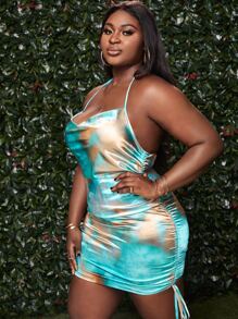 Plus Tie Dye Drawstring Tie Backless Satin Halter Bodycon Dress - Multicolor - View 5