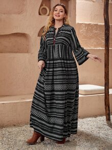 EMERY ROSE Plus Geo & Striped Print Frill Trim Flounce Sleeve Dress - Multicolor - View 1