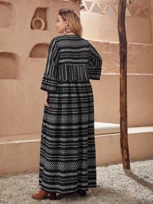 EMERY ROSE Plus Geo & Striped Print Frill Trim Flounce Sleeve Dress - Multicolor - View 2