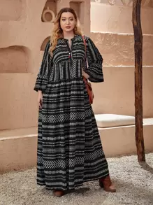 EMERY ROSE Plus Geo & Striped Print Frill Trim Flounce Sleeve Dress - Multicolor - View 6