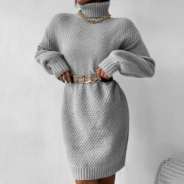 

Solid Turtle Neck Knit Dress, Grey