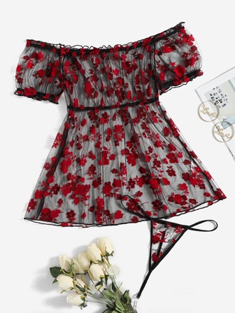 Plus Floral Print Sheer Mesh Bardot Dress With Thong