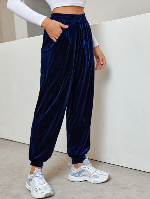 Knot Front Elastic Waist Velvet Sweatpants SHEIN USA
