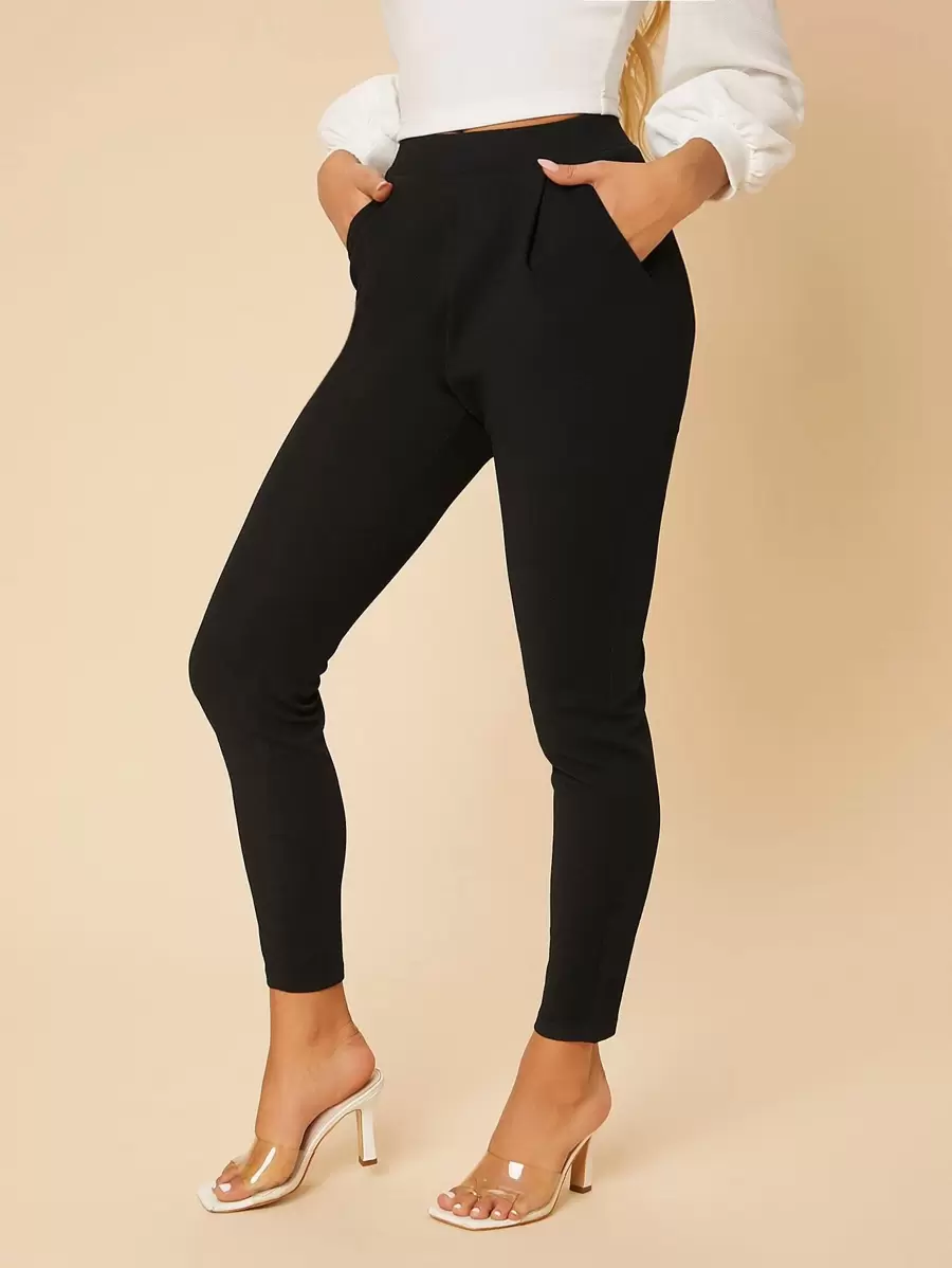 SHEIN PETITE High Waist Fold Pleated Cropped Trousers - Black - View 1