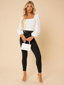 SHEIN PETITE High Waist Fold Pleated Cropped Trousers - Black - View 3