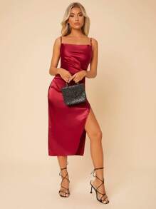 SHEIN PETITE Split Thigh Cami Dress - Burgundy - View 1