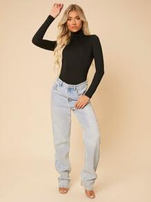 SHEIN PETITE Solid Mock Neck Bodysuit - Black - View 3