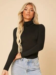 SHEIN PETITE Solid Mock Neck Bodysuit - Black - View 4